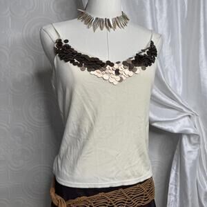 DKNY Silk Sequin Tank Top Womens Large Ivory & Bronze  Double Lined Cami  Boho